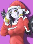  black_hair bracelet christmas dress duel_monster fabled_grimro feathers green_eyes hat holding jewelry looking_at_viewer ring rings wings yu-gi-oh! 