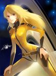  70s belt blonde_hair bodysuit gun highres holster lips long_hair mori_yuki oldschool planet saturn science_fiction shirokichi space space_craft star_(sky) uchuu_senkan_yamato uchuu_senkan_yamato_2199 uniform weapon yamato_(uchuu_senkan_yamato) yellow_bodysuit 