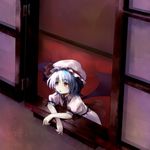  aqua_hair ascot bat_wings blue_hair from_outside hat hat_ribbon jewelry looking_out_window multicolored_hair puffy_sleeves red_eyes remilia_scarlet ribbon shiina_shian short_sleeves solo touhou window wings 