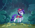  blue_eyes bushes clothed clothing dripping equine eyeshadow female feral friendship_is_magic hair hat hi_res holivi horse jungle makeup mammal my_little_pony plants pony purple_hair rain rarity_(mlp) simple_background solo 