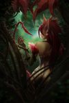  1girl aveldine earrings from_behind highres jewelry league_of_legends pointy_ears red_hair smile tattoo tree zyra 