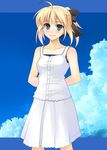  ahoge arms_behind_back artoria_pendragon_(all) azu bare_shoulders blonde_hair blue_eyes bow casual cloud day dress fate/stay_night fate/unlimited_codes fate_(series) hair_bow long_hair ponytail saber saber_lily sky solo 