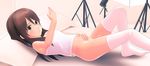  3d after_masturbation artist_request bottomless brown_eyes brown_hair copyright_request flat_chest highres indoors knee_up long_image lying no_panties on_back pillow pussy_juice solo thighhighs tripod underwear underwear_only white_legwear wide_image 