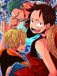  3boys black_eyes blonde_hair blue_eyes brown_hair cigarette copyright_name earrings green_hair hair_over_one_eye hat hat_off hat_removed headwear_removed jewelry looking_at_viewer male male_focus male_only monkey_d_luffy multiple_boys one_piece orange_shirt over_shoulder red_vest roronoa_zoro sanji scar sheath sheathed shirt shorts smile smoking straw_hat sword text tongue trio vest waistcoat weapon white_shirt yellow_eyes 