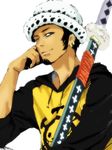  earrings facial_hair hand_rest hat hood hoodie jewelry jolly_roger looking_at_viewer male male_focus male_only nodachi one_piece pirate raglan_sleeves red_string scabbard sheath sheathed_sword sitting smiley_face solo string sword tattoo trafalgar_law weapon 
