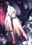  bad_id bad_pixiv_id barefoot chair dutch_angle en@rain feet_on_chair green_eyes head_tilt highres holding ice legs legs_folded light_particles lingerie long_hair long_legs negligee original silver_hair solo tiara underwear 