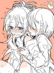  biting blush closed_eyes ear_biting ear_blush eargasm heart long_hair mahou_shoujo_madoka_magica miki_sayaka monochrome multiple_girls sakura_kyouko short_hair simple_background sketch yuri zawameki 