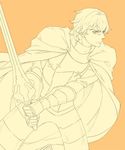  armor cape excalibur_galatine fate/extra fate_(series) gawain_(fate/extra) kanmuri_(hanyifan30338) male_focus monochrome orange_(color) solo sword weapon 