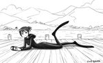  bad_id bad_pixiv_id copyright_request diving_mask flippers greyscale hill leg_up lying monochrome on_stomach outdoors pier ponytail saver_(artbysaver) short_ponytail solo water wetsuit 
