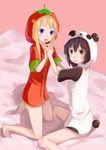  animal_costume barefoot black_hair blonde_hair blue_eyes brown_eyes funami_yui holding_hands multiple_girls pajamas panda_costume saitou_(uzizane) short_hair tomato_costume toshinou_kyouko yuru_yuri 