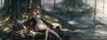  barefoot black_jacket brown_hair closed_eyes container dress elf jacket leaf long_hair monono original plant pointy_ears roots sitting soaking_feet solo tree water white_dress 