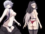  2girls aldora aldra_(queen's_blade) ass back breasts green_eyes highres legwear long_hair multiple_girls nude panties queen&#039;s_blade queen's_blade red_eyes shizuka_(queen&#039;s_blade) shizuka_(queen's_blade) stockings thighhighs thong underwear white_hair 