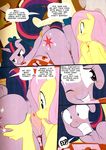  anthro blush breasts comic cum english_text equine fluttershy_(mlp) friendship_is_magic horn my_little_pony presenting pussy twilight_sparkle_(mlp) unicorn wings 