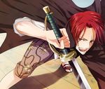  1boy amputee black_jacket facial_hair fighting_stance grey_eyes jacket jacket_on_shoulders male male_focus male_only one_piece open_mouth red_hair saber_(weapon) sandals scar shanks shirt solo sword weapon white_shirt wooden_floor 