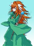  ana_(anarock) androgynous blue_eyes bridal_gauntlets facepaint feathers hair_feathers long_hair older popoi red_hair seiken_densetsu seiken_densetsu_2 solo staff tunic 