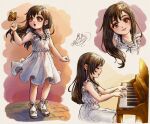  1girl absurdres bangs black_hair brown_hair bug butterfly dress eyelashes female_child final_fantasy final_fantasy_vii final_fantasy_vii_remake frills hand_up highres instrument long_hair michelle_kristolia multiple_views music open_mouth piano playing_instrument playing_piano red_eyes signature sitting smile socks solo standing teeth tifa_lockhart white_dress white_socks 