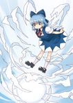  1girl blue_eyes blue_hair blush bow cirno dress frown hair_bow mary_janes nosuku shoes short_hair solo touhou wings 