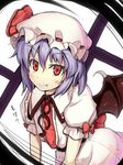  blush bow demon_wings fang frills hat hat_ribbon hinami_(hinatamizu) puffy_sleeves purple_hair red_eyes remilia_scarlet ribbon short_hair short_sleeves smile solo touhou wings 