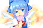  blue_dress blue_eyes blue_hair bow candy cirno dress food hair_ribbon head_tilt highres lollipop looking_at_viewer multicolored multicolored_background ribbon short_hair short_sleeves solo star takotsu tongue touhou upper_body white_background wings 