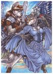  angel armor blush couple dress female flower hair long_hair male melee_weapon pigtails rose sky smile sword weapon wielder wings 