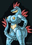  amber_eyes anthro areola big_breasts breasts female feraligatr grin grriva hair looking_at_viewer nintendo nipples nude pok&#233;mon pok&eacute;mon pussy red_hair smile video_games 