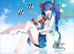  blue_eyes blue_hair dasulchan feet fish hatsune_miku long_hair necktie open_mouth sitting solo twintails very_long_hair vocaloid 