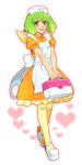  ahoge alternate_costume alternate_headwear apron cero_(cerocero) dress green_hair hat looking_at_viewer macross macross_frontier nurse nurse_cap open_mouth orange_dress puffy_short_sleeves puffy_sleeves ranka_lee red_eyes short_hair short_sleeves smile solo 