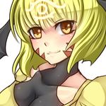  blonde_hair blush breasts brown_eyes cleavage duel_monster fortune_lady_light looking_at_viewer lowres medium_breasts shintani_tsushiya short_hair simple_background smile solo white_background yuu-gi-ou 