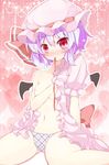  bat_wings blush breasts hat hat_ribbon heart mouth_hold no_bra open_clothes outline panties plaid plaid_panties purple_hair red_eyes remilia_scarlet ribbon sitting small_breasts snowcanvas solo touhou underwear underwear_only undressing wariza wings 