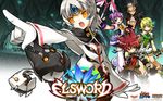  3girls aisha_(elsword) armor bandages bangs belt black_hair blonde_hair blunt_bangs bow bow_(weapon) breasts choker dress elsword elsword_(character) eve_(elsword) fingerless_gloves flat_chest gloves highres long_hair long_sleeves medium_breasts multicolored_hair multiple_boys multiple_girls official_art open_mouth outstretched_arm pants pointy_ears ponytail purple_eyes purple_hair raven_(elsword) red_eyes red_hair rena_(elsword) scar short_hair shorts shoulder_pads small_breasts smile staff thighhighs wallpaper weapon white_hair yellow_eyes 