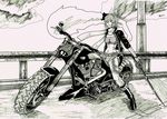  1girl biker female graphite_(medium) highres hitodama konpaku_youmu konpaku_youmu_(ghost) monochrome motor_vehicle motorcycle solo sword touhou traditional_media tres-iques vehicle weapon 