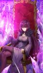  absurdres bangs breasts crossed_legs diadem dress eyebrows_visible_through_hair fate/grand_order fate_(series) fur-trimmed_dress hair_between_eyes highres holding holding_wand jewelry long_dress long_hair long_sleeves medium_breasts necklace pantyhose purple_dress purple_hair purple_legwear red_eyes scathach_(fate)_(all) scathach_skadi_(fate/grand_order) shiny shiny_hair sitting smile solo throne twit_eg0 very_long_hair wand 