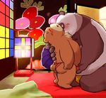  bear bed blush bulge chubby crotch_grab cub cum fondling forced_orgasm fundoshi garousuki_(artist) grope hands-free kissing komurasaki_(character) licking male mammal molestation orgasm overweight panda size_difference tongue underwear young 