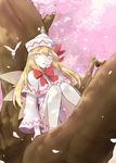  bird blonde_hair blush bow capelet cherry_blossoms closed_eyes dress hat highres lily_white long_hair solo sparrow touhou tree yutamaro 