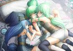  bare_shoulders black_legwear blue_eyes blue_hair blush caam_serenity_of_gusto duel_monster flower gishki_ariel green_eyes green_hair hat hokuto_shinken holding_hands hug licking_hand long_hair low-tied_long_hair lying_on_person multiple_girls on_bed petals pillow ponytail thighhighs wand white_legwear winda_priestess_of_gusto witch_hat yuri yuu-gi-ou 