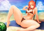  ahoge arm_support barefoot beach bikini bottle breasts cameltoe cloud covered_nipples day elf food frilled_bikini frills fruit large_breasts legs looking_at_viewer micro_bikini navel ocean original outdoors pointy_ears red_eyes red_hair shadow sitting sky smile solo spread_legs swimsuit thick_thighs thighs towel underboob water watermelon yaoya_musuko 