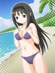  akemi_homura beach bikini black_hair breasts cleavage hairband haru_kanata highres long_hair mahou_shoujo_madoka_magica medium_breasts purple_eyes smile swimsuit 