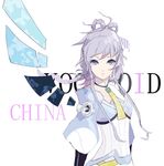  blue_dress blue_eyes dress highres lavender_hair looking_at_viewer luo_tianyi necktie short_hair simple_background solo vocaloid vocanese white_background yellow_neckwear 