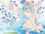  aqua_eyes aqua_hair bad_id bad_pixiv_id barefoot bug butterfly feet flower hair_flower hair_ornament hatsune_miku insect lily_pad long_hair mia0309 open_mouth partially_submerged see-through sitting solo twintails very_long_hair vocaloid water wings 