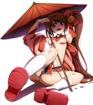  arm_up bell black_panties bow breasts brown_eyes brown_hair detached_sleeves gauntlets hair_bow highres long_hair midriff navel open_mouth oriental_umbrella original panties petals red_footwear shirt shoes side_ponytail sitting skirt small_breasts smile socks solo umakatsuhai umbrella underboob underwear upskirt white_legwear 