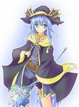  1girl blue_hair coat duel_monster eria hat ritua_erial solo takanashi_kou wand witch_hat yu-gi-oh! yuu-gi-ou_duel_monsters 