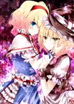  alice_margatroid blonde_hair blue_eyes bow capelet hairband hand_on_another's_face hat hat_bow kirisame_marisa kurekore multiple_girls sparkle star touhou witch_hat wrist_cuffs yellow_eyes 
