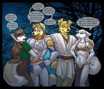  abstract_background armor blonde_hair blue_eyes blue_hair blush brown_eyes brown_hair canine comic dancing dialog dog english_text feline female hair lynx male mammal road_rovers silver_hair star_wars text tree wielder wolf wood 