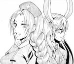  animal_ears braid bunny_ears greyscale hat long_hair looking_at_viewer monochrome multiple_girls nurse_cap open_mouth reisen_udongein_inaba shisei_(kyuushoku_banchou) smile touhou yagokoro_eirin 