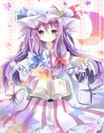  absurdres book crescent hair_ribbon hat highres kedama_milk long_hair open_book patchouli_knowledge purple_eyes purple_hair ribbon solo star touhou 