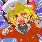  @_@ alternate_costume bad_id bad_pixiv_id blonde_hair blush crystal flandre_scarlet hat hat_ribbon jewelry long_sleeves lowres mantarou_(shiawase_no_aoi_tori) necklace open_mouth pointy_ears ribbon saliva side_ponytail solo sweat touhou v wings zipper 