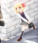  alternate_costume bad_id bad_pixiv_id bag black_legwear blonde_hair blush brick_wall contemporary dress_shirt food food_in_mouth frown hair_ribbon kneehighs koji_(kohei66) late_for_school loafers looking_away mouth_hold necktie plaid plaid_skirt red_eyes ribbon road rumia running school_bag school_uniform shirt shoes short_hair skirt solo sweatdrop sweater toast toast_in_mouth touhou 