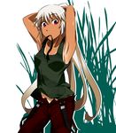  adjusting_hair armpits arms_up fujiwara_no_mokou long_hair makoto_jon mouth_hold pants ponytail red_eyes silver_hair solo suspenders tan tanline touhou very_long_hair 