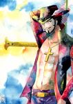  1boy abs belt black_hair chinstrap dracule_mihawk facial_hair hat highres jacket jewelry lining male male_focus male_only muscle mustache necklace one_piece open_clothes open_jacket open_shirt shichibukai shirt solo standing sword traditional_media weapon yellow_eyes 