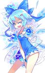  1girl ;d bad_id bad_pixiv_id blue_eyes blue_hair blush_stickers cirno dress hair_ornament holding ice ice_wings name_tag no_panties one_eye_closed open_mouth short_hair smile solo touhou wings wrist_cuffs yui_(niikyouzou) 